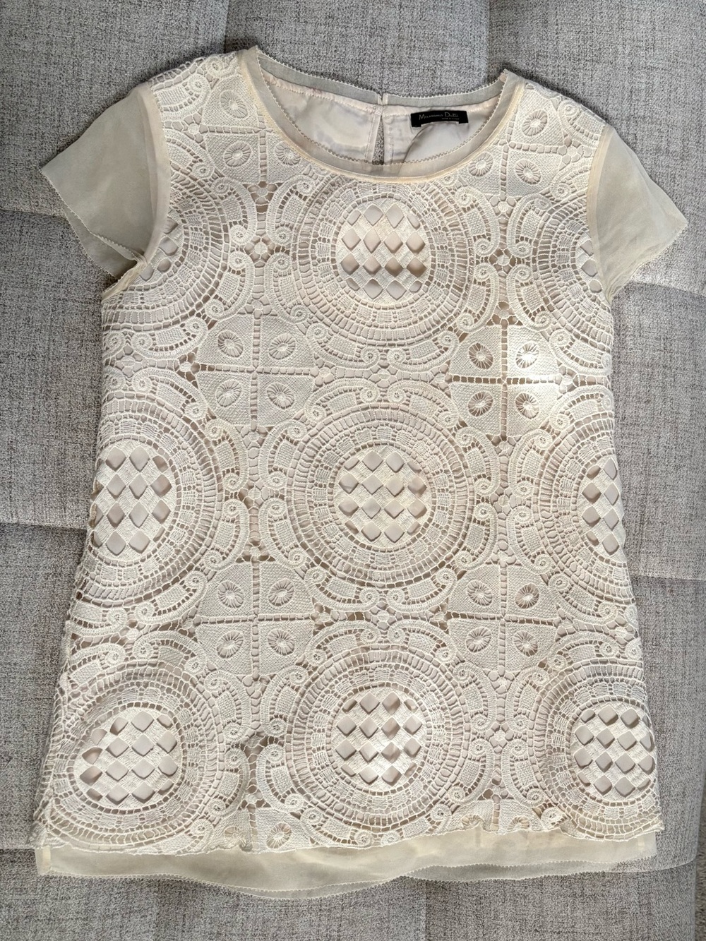 Massimo Dutti Cream Lace Overlay Top with Sheer Sleeves